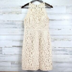 J.Crew Pamela Ivory Floral Leavers Lace Sheath Dress High Neck Sleeveless Size 8